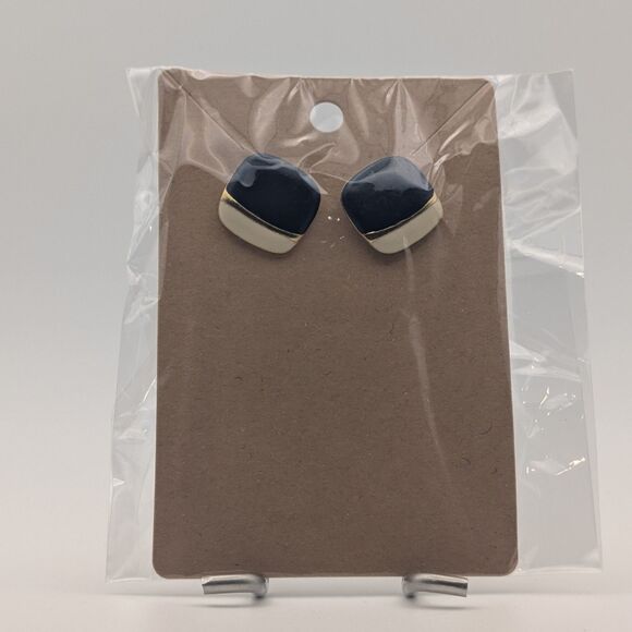 Navy Blue & Cream Enamel Square Stud Earrings – Gold Tone Color block - Picture 1 of 1